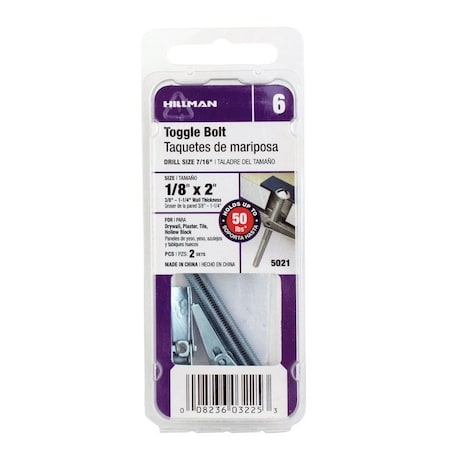 Hillman Toggle Bolt, 2" L, Steel, 10 PK 5021